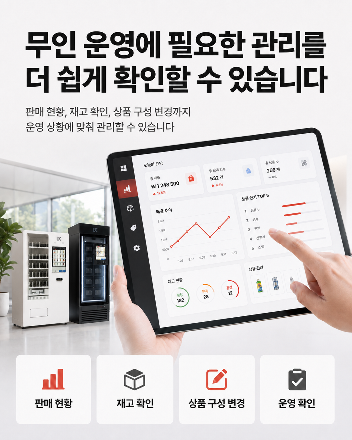 판매 현황과 재고 항목을 보여주는 자판기 관리 화면 예시